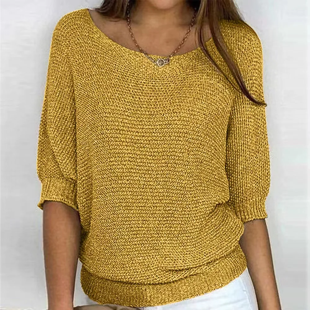Women’s Knitted Top – Relaxed Fit – Puff Sleeves – Scoop Neck – Ribbed Hem & Cuffs