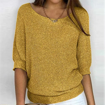 Women’s Knitted Top – Relaxed Fit – Puff Sleeves – Scoop Neck – Ribbed Hem & Cuffs