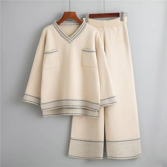 Knit Beige Casual Loungewear Sweater and Pants Set