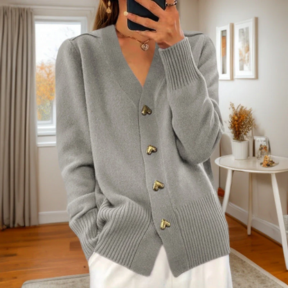 Women’s Knit Cardigan – Relaxed Fit – Wool Blend – V-Neck with Ribbed Hem & Cuffs