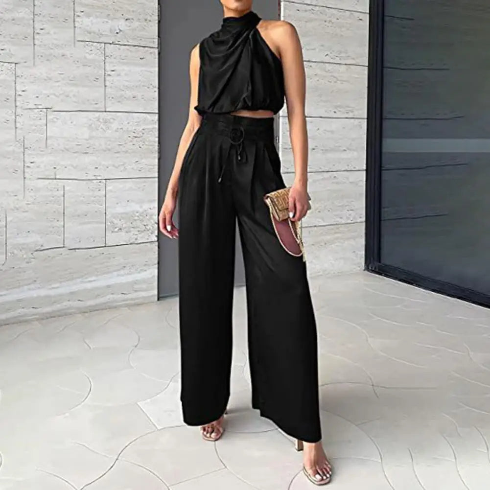 Women's Two-Piece Set - Halter Neck Crop Top & High-Waisted Wide-Leg Pants