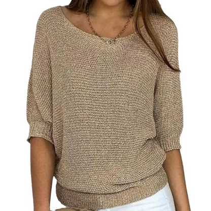 Women’s Knitted Top – Relaxed Fit – Puff Sleeves – Scoop Neck – Ribbed Hem & Cuffs