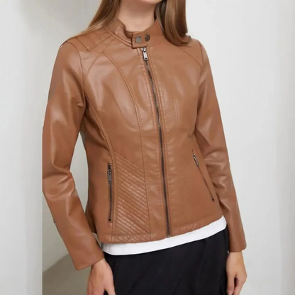 Women’s Jacket – Slim Fit – Faux Leather Look – Quilted Sides – Zipper Front