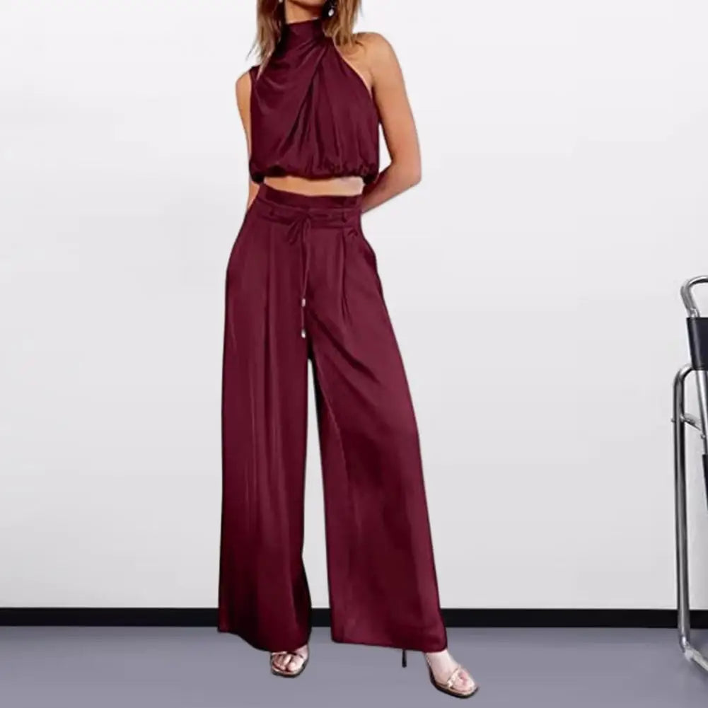 Women's Two-Piece Set - Halter Neck Crop Top & High-Waisted Wide-Leg Pants