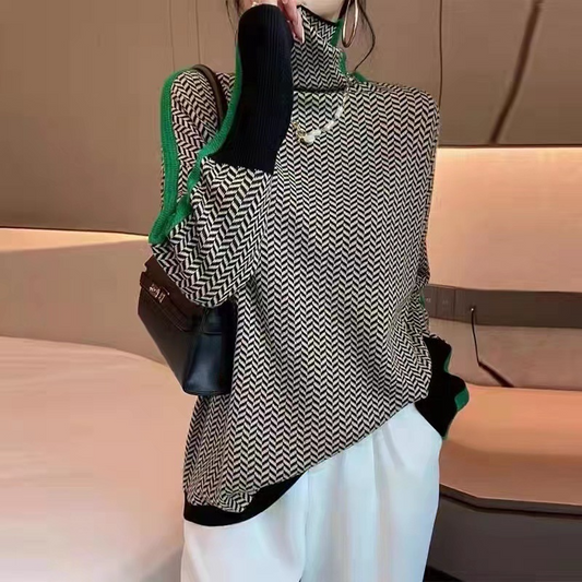 Herringbone Knit Relaxed Fit Turtleneck Sweatshirt 