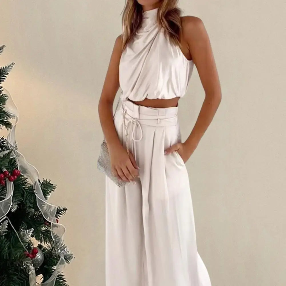 Women's Two-Piece Set - Halter Neck Crop Top & High-Waisted Wide-Leg Pants