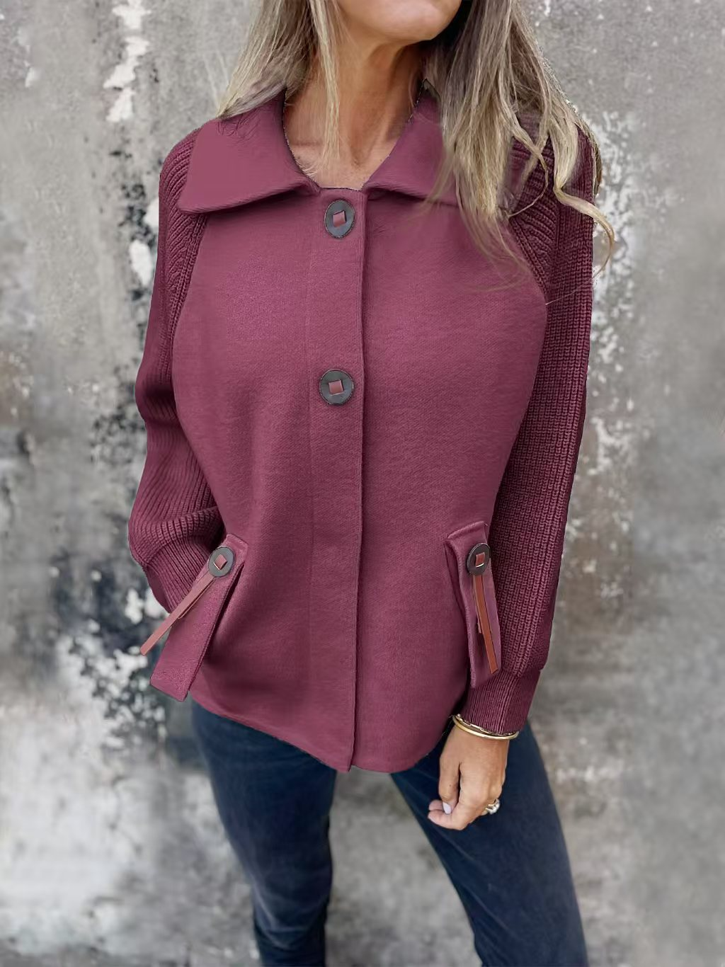 Women’s Jacket – Relaxed Fit – Wool Blend Body – Textured Knit Sleeves – Lapel Collar
