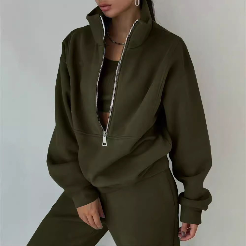 Women’s Two-Piece Tracksuit Set – Relaxed Fit – High Collar Zip Top – Elastic Waist Pants