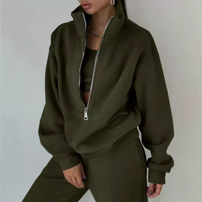 Women’s Two-Piece Tracksuit Set – Relaxed Fit – High Collar Zip Top – Elastic Waist Pants
