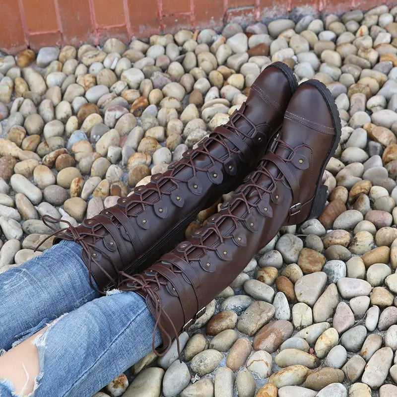 Women's knight low heel biker boots with belt buckle cross straps