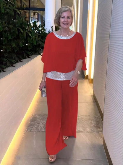 Women's Evening Gown - Floor-Length Elegant Fit - Round Neck Embellished - Short Sleeve