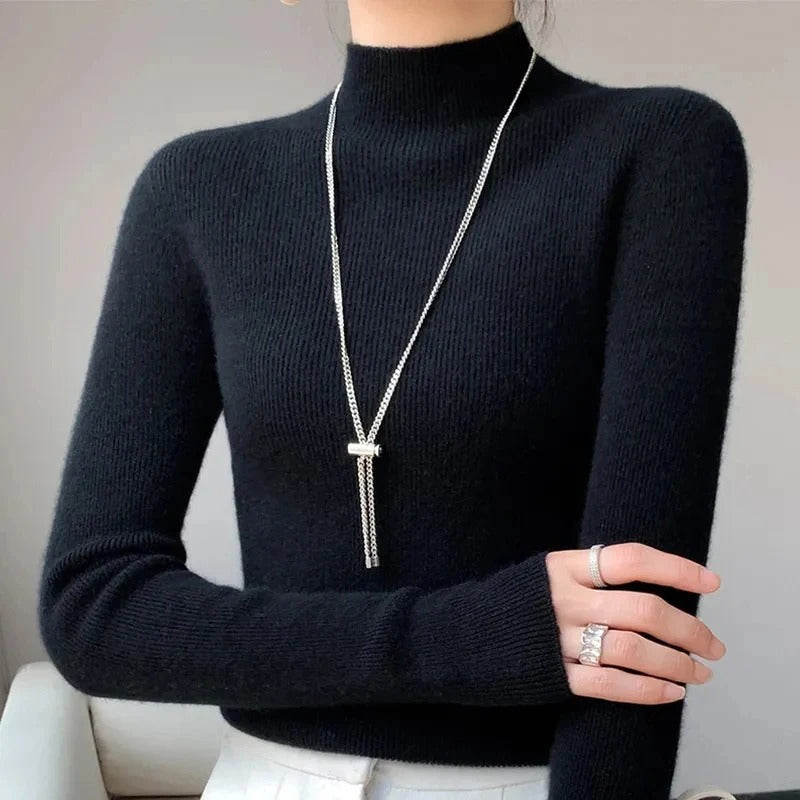 Slim Wool Blend Ribbed Trim Sweater 