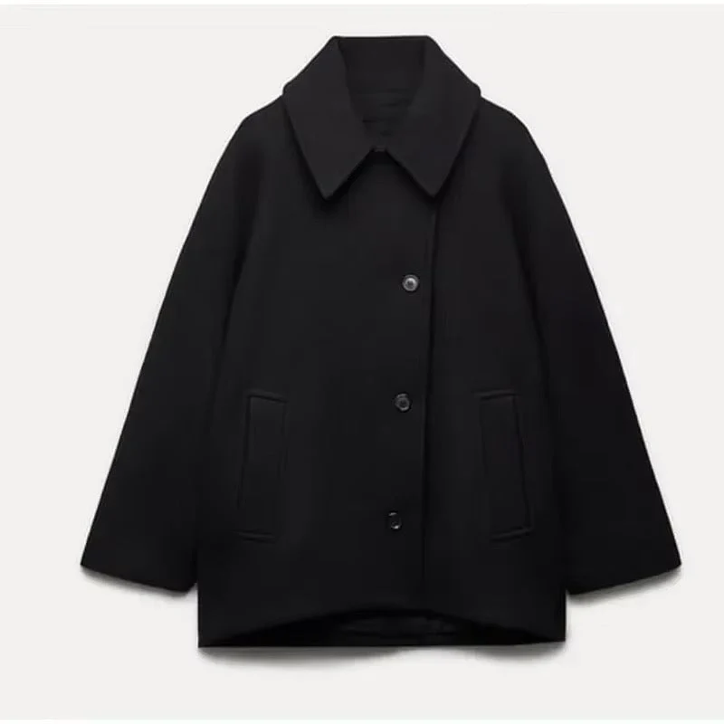 Women’s Wool Coat – Oversized Fit – Wide Collar – Mid-Length – Button Front – Pockets