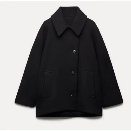 Women’s Wool Coat – Oversized Fit – Wide Collar – Mid-Length – Button Front – Pockets