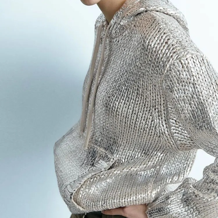 Metallic Knit Oversized Hooded Sweatshirt 