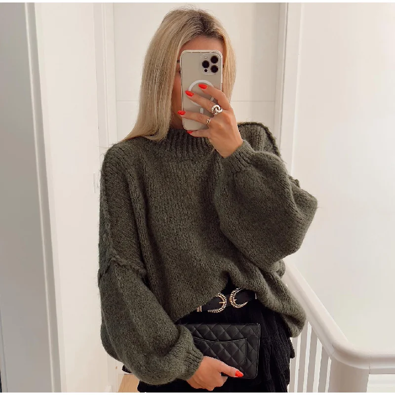 Women’s Oversized Sweatshirt – Knit Texture – Balloon Sleeves – Long Length – Round Neck
