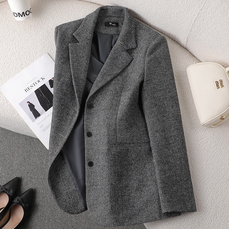 Women’s Blazer – Wool Tailored Fit – Single-Breasted – Turn-Down Collar Formal Jacket