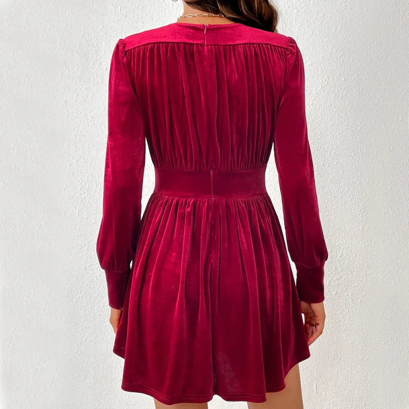 Women's Velvet Mini Dress - V-Neck - Long Sleeve - Button Detail - A-Line Silhouette