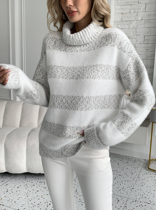 Plush Knit Striped Loose Fit Pullover Sweatshirt 