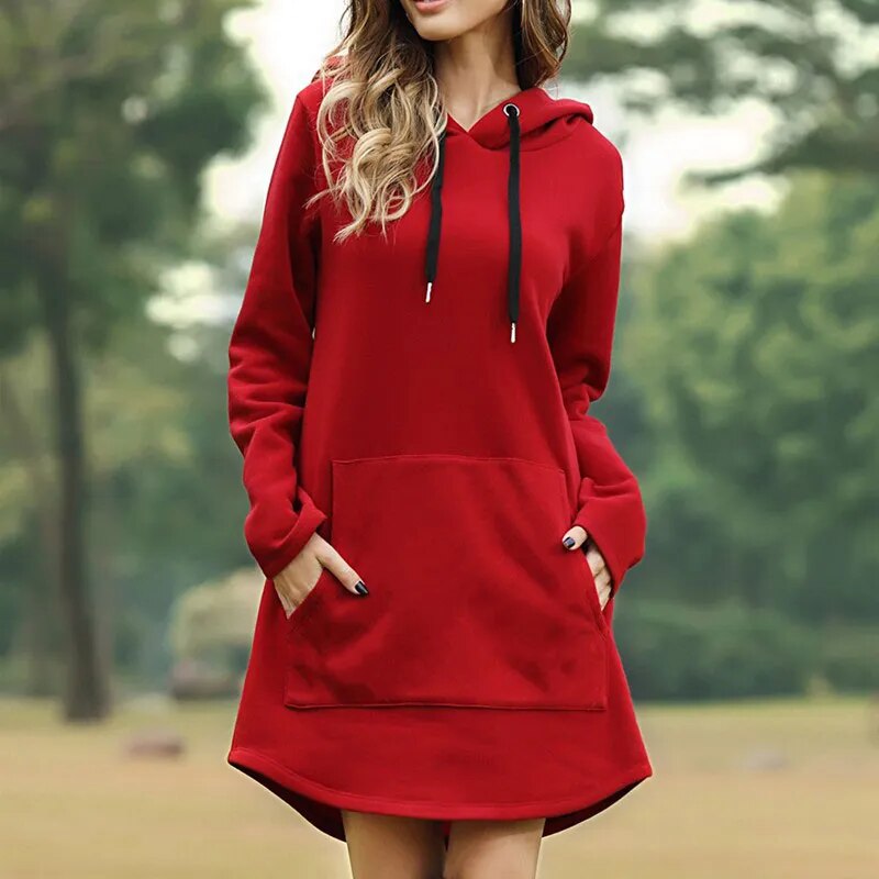 Women’s Hoodie Dress – Relaxed Fit – Cotton Blend – Long Sleeve – Kangaroo Pocket