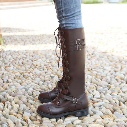 Women's knight low heel biker boots with belt buckle cross straps