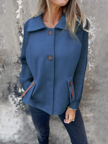 Women’s Jacket – Relaxed Fit – Wool Blend Body – Textured Knit Sleeves – Lapel Collar