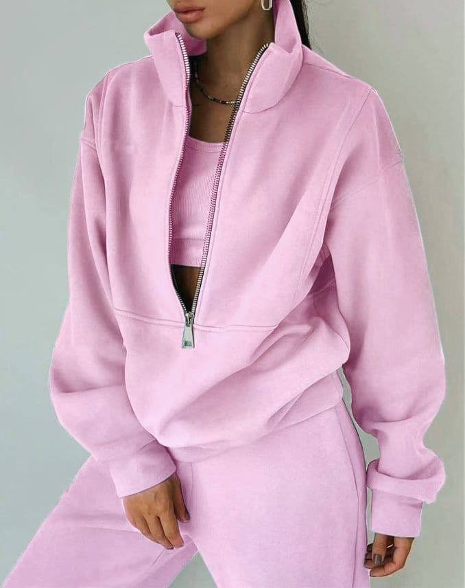 Two-Piece Relaxed Fit High Collar Tracksuit Set 