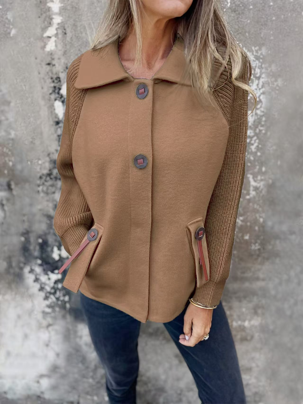 Women’s Jacket – Relaxed Fit – Wool Blend Body – Textured Knit Sleeves – Lapel Collar
