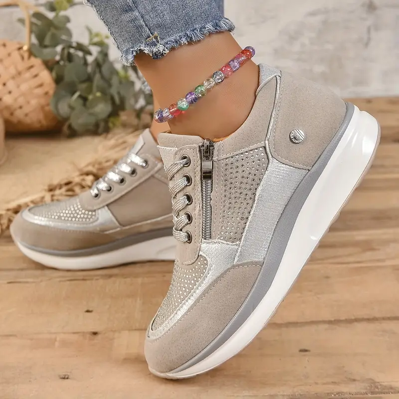 Women’s Wedge Sneakers - Suede & Metallic Panels - Rhinestone Accents - Zipper & Lace-Up