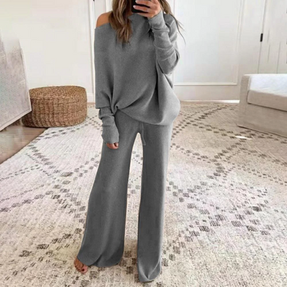 Women’s Two-Piece Loungewear Set – Soft Knit – One-Shoulder Top – Wide-Leg Pants – Relaxed Fit