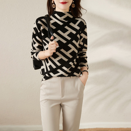 Jacquard Pattern Wool Blend Knit Sweatshirt 