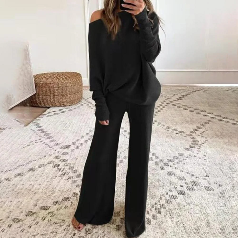 Women’s Two-Piece Loungewear Set – Soft Knit – One-Shoulder Top – Wide-Leg Pants – Relaxed Fit