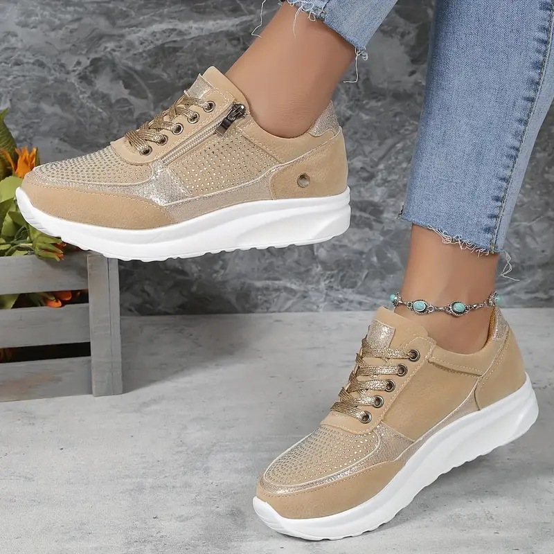 Women low heel zipper lace-up casual sneakers