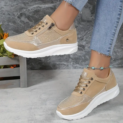 Women’s Wedge Sneakers - Suede & Metallic Panels - Rhinestone Accents - Zipper & Lace-Up