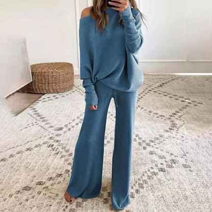 Women’s Two-Piece Loungewear Set – Soft Knit – One-Shoulder Top – Wide-Leg Pants – Relaxed Fit