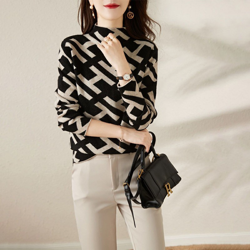 Jacquard Pattern Wool Blend Knit Sweatshirt 