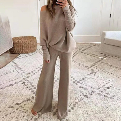 Women’s Two-Piece Loungewear Set – Soft Knit – One-Shoulder Top – Wide-Leg Pants – Relaxed Fit