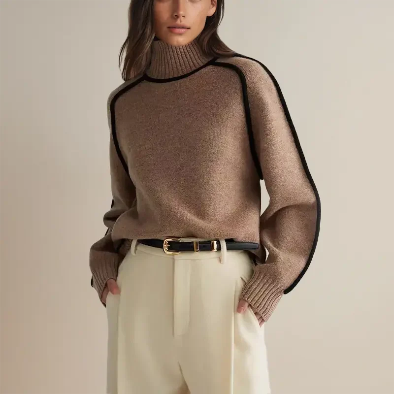 Knit Ribbed Mock Turtleneck Relaxed Pullover Sweatshirt 