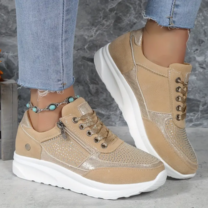 Women’s Wedge Sneakers - Suede & Metallic Panels - Rhinestone Accents - Zipper & Lace-Up