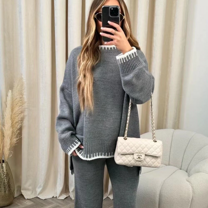 Women’s Two-Piece Lounge Set – Knit Fabric – Relaxed Fit – High Waist Wide-Leg Pants
