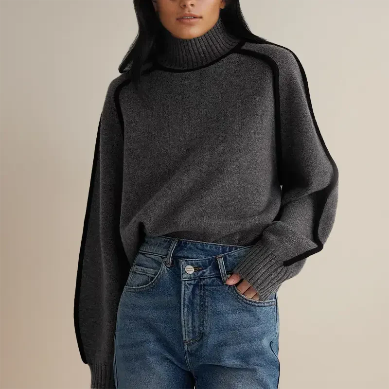 Knit Ribbed Mock Turtleneck Relaxed Pullover Sweatshirt 