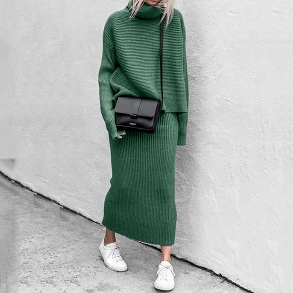 Ribbed Knit Oversized Turtleneck Sweater and Skirt Set 