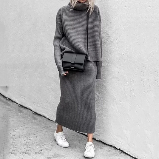 Ribbed Knit Oversized Turtleneck Sweater and Skirt Set 