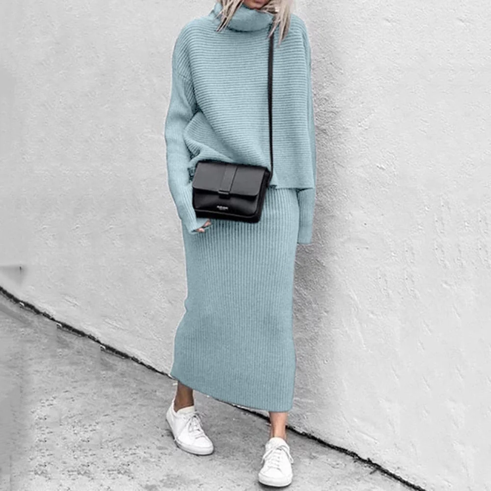 Women’s Two-Piece Sweater and Skirt Set – Ribbed Knit – Oversized Turtleneck – Slim Midi Skirt