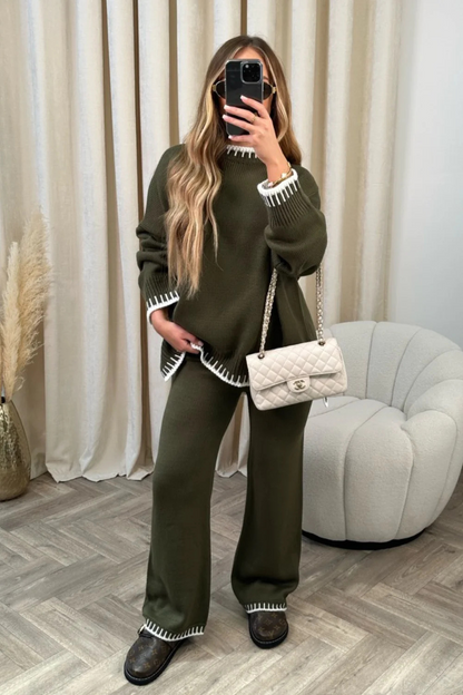 Women’s Two-Piece Lounge Set – Knit Fabric – Relaxed Fit – High Waist Wide-Leg Pants