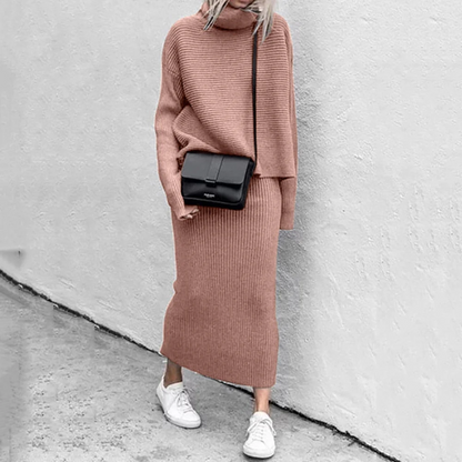Women’s Two-Piece Sweater and Skirt Set – Ribbed Knit – Oversized Turtleneck – Slim Midi Skirt