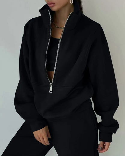 Women’s Two-Piece Tracksuit Set – Relaxed Fit – High Collar Zip Top – Elastic Waist Pants