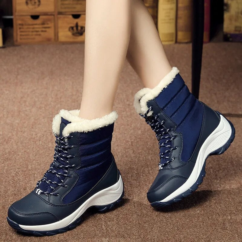 Women's waterproof faux fur lace-up winter boots