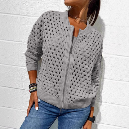 Women’s Knitted Jacket – Relaxed Fit – Open-Knit Design – Ribbed Trim – Zipper Front