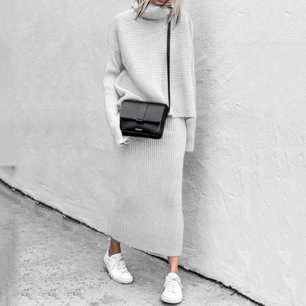Women’s Two-Piece Sweater and Skirt Set – Ribbed Knit – Oversized Turtleneck – Slim Midi Skirt